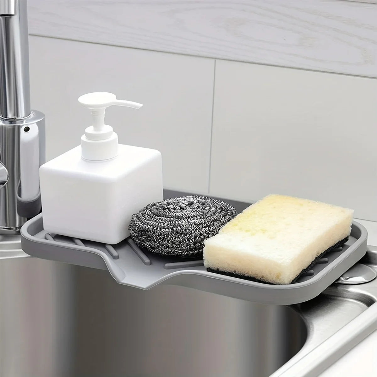 Multifunctional Silicone Sink Tray – Soap, Sponge & Brush Organizer for Kitchen & Bathroom
