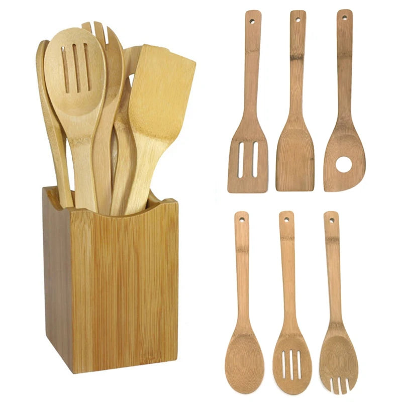 6-Piece Wooden Kitchen Tool Set – Bamboo Spoons & Spatulas for Cooking & Mixing