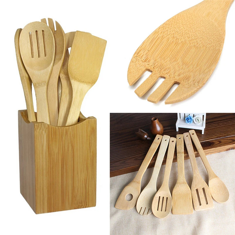 6-Piece Wooden Kitchen Tool Set – Bamboo Spoons & Spatulas for Cooking & Mixing