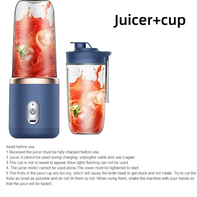 Multifunction 2 Cups Portable Fruit Juicer Blender 6 Blade Juice Mixer Mini Ice Blender USB Charging Wireless Juice Extractor